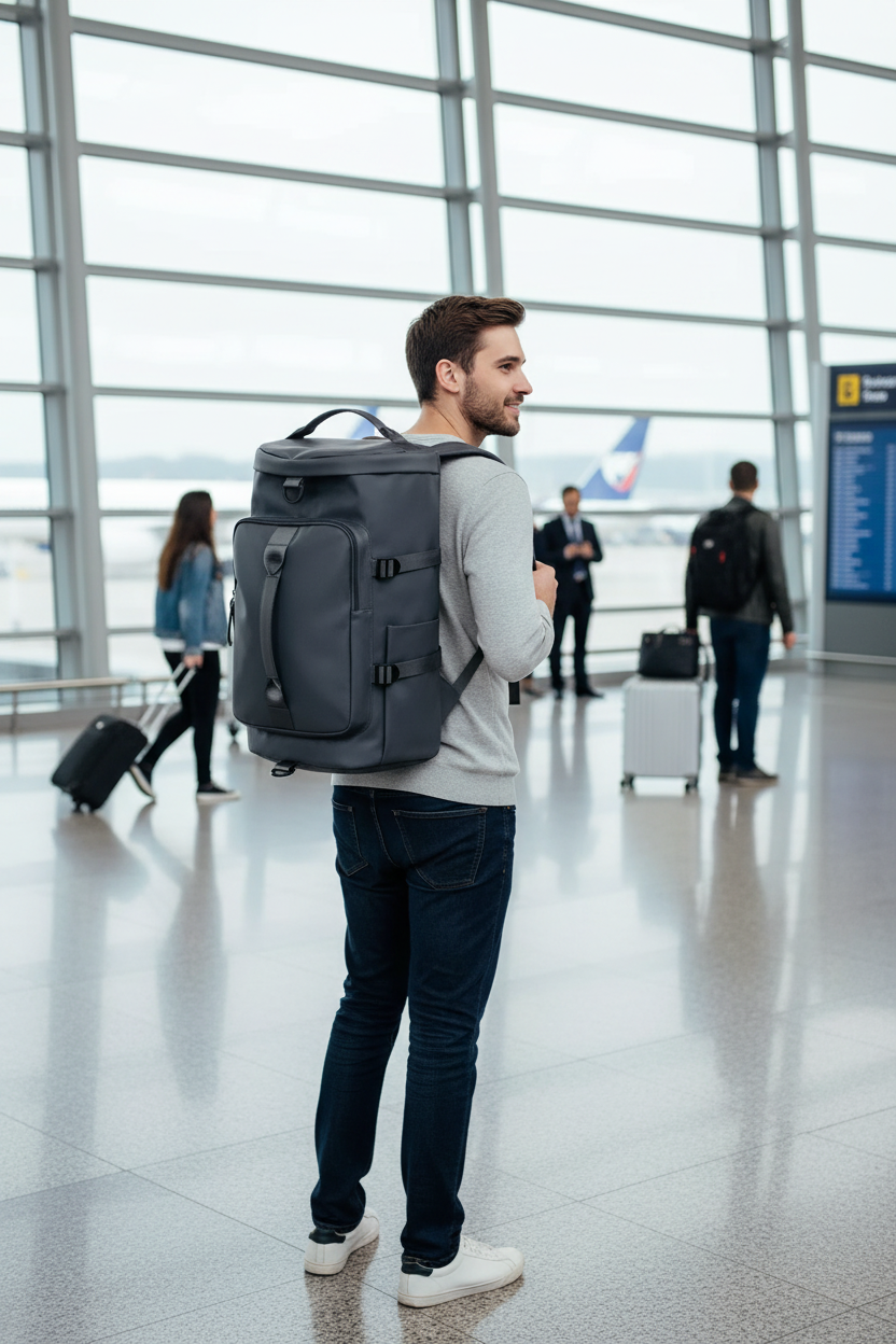Gray backpack - lifestyle at airport